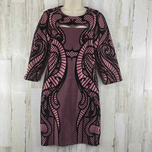 ECI New York Dress Womes 10 Pink Black Velvet Flocking Zip Back Peek a Boo Bust - Picture 2 of 12